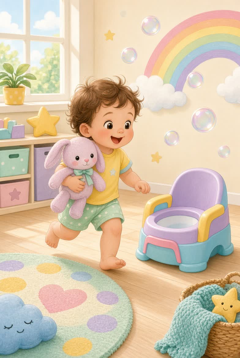 Toddler running toward a colorful potty chair with a stuffed bunny