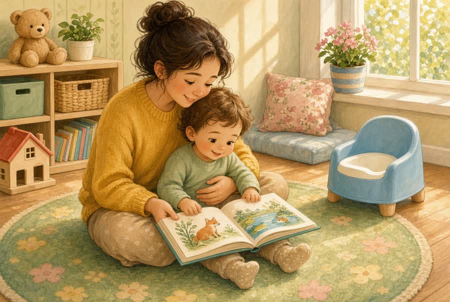 Parent and toddler reading a picture book near a potty chair